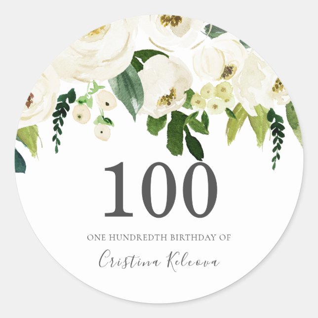 Sticker Rond Fleurs de Champagne Blanche 100e fête d'anniversai (Devant)