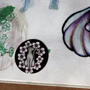 Sticker Rond Fleurs de chat blanc fleurs florales sakura chats 