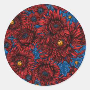 Sticker Rond Fleurs de chrysanthème rouge et coléoptères orange