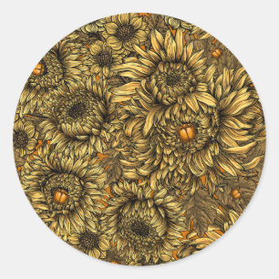 Sticker Rond Fleurs de chrysanthèmes jaunes et coléoptères oran