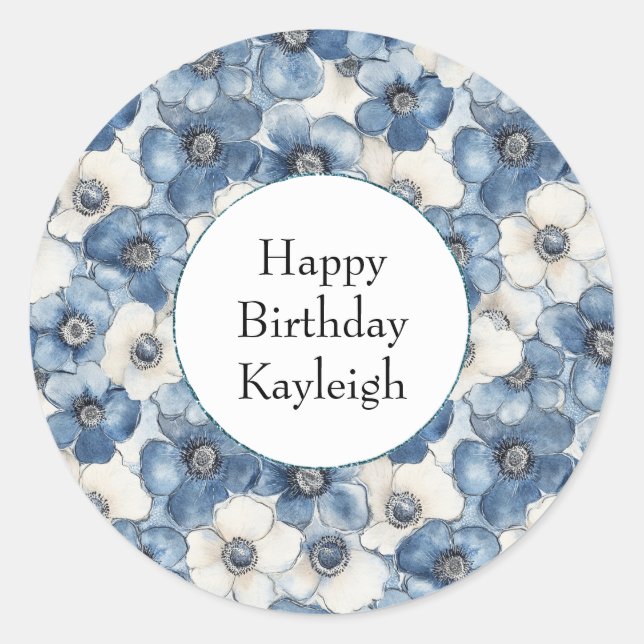 Sticker Rond Fleurs de Denim Bleu Blanc Anniversaire (Devant)