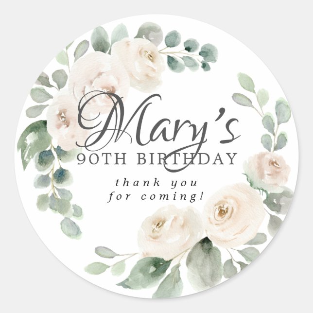 Sticker Rond Fleurs de Eucalyptus Blanc 90e Anniversaire Merci (Devant)