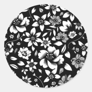 Sticker Rond Fleurs de feuilles florales modernes en noir et bl