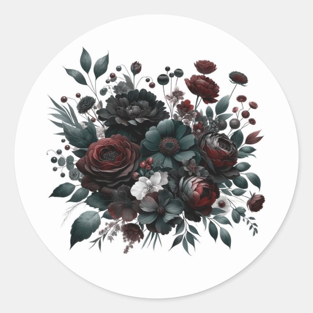 Sticker Rond Fleurs de Forêt Moody foncé Élégant Mariage Floral (Devant)