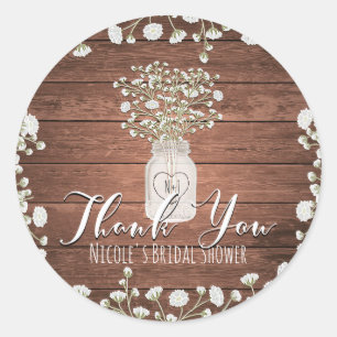 Sticker Rond Fleurs de Gypsophile & Bois Élégant Cadeau Rustiqu