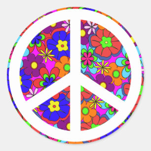 Sticker Rond Fleurs de hippie de signe de paix rétros