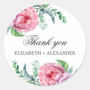 Sticker Rond Fleurs de jardin rose boho. Remerciement de mariag