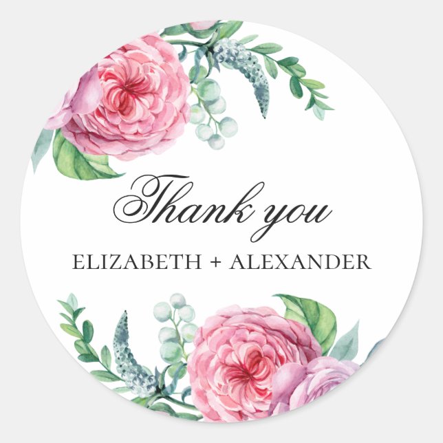 Sticker Rond Fleurs de jardin roses Boho. Floral mariage merci (Devant)