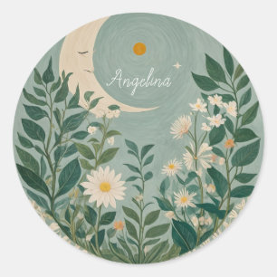 Sticker Rond Fleurs de Lune : Pastel Floral et Crescent Moon