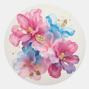 Sticker Rond Fleurs de luxe rose bleu or