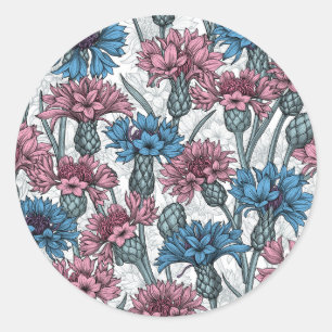 Sticker Rond Fleurs de maïs roses et bleues, fleurs sauvages su