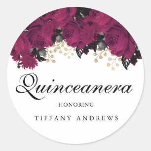 Sticker Rond Fleurs de Marsala d'or rose Quinceanera Favoriser
