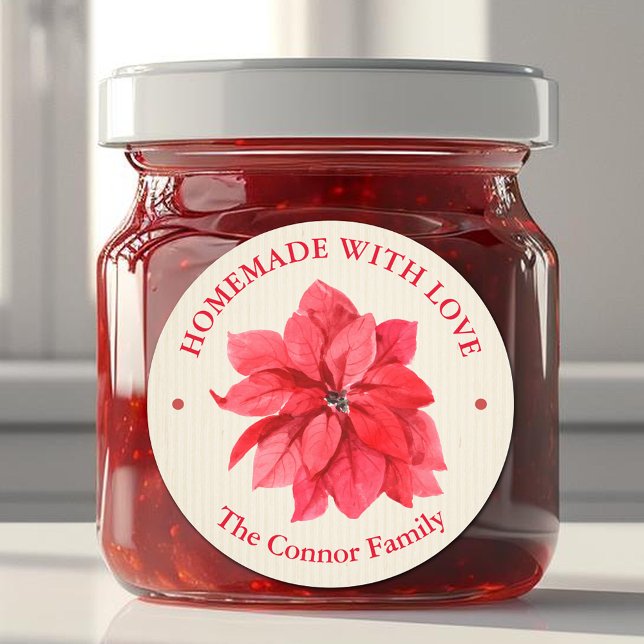 Sticker Rond Fleurs de Noël fait avec amour (Homemade With Love Christmas Floral Poinsettia 3" Round Stickers)