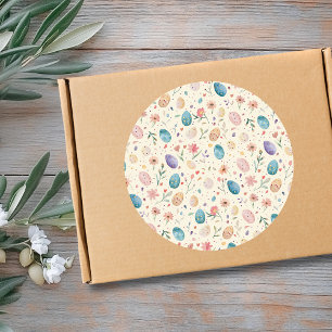 Sticker Rond Fleurs de Pâques aquarelle vintage feuilles œufs