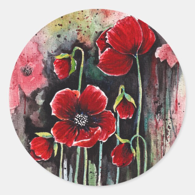 Sticker Rond Fleurs De Pavot En Aquarelle (Devant)
