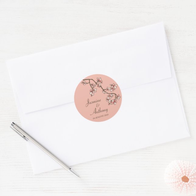 Sticker Rond Fleurs de Peach rose Sakura Mariage asiatique mode (Enveloppe)