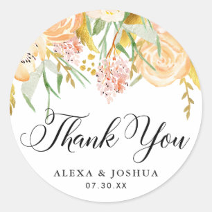 Sticker Rond Fleurs de Pêche Merci Mariage de Foliage d'huile o