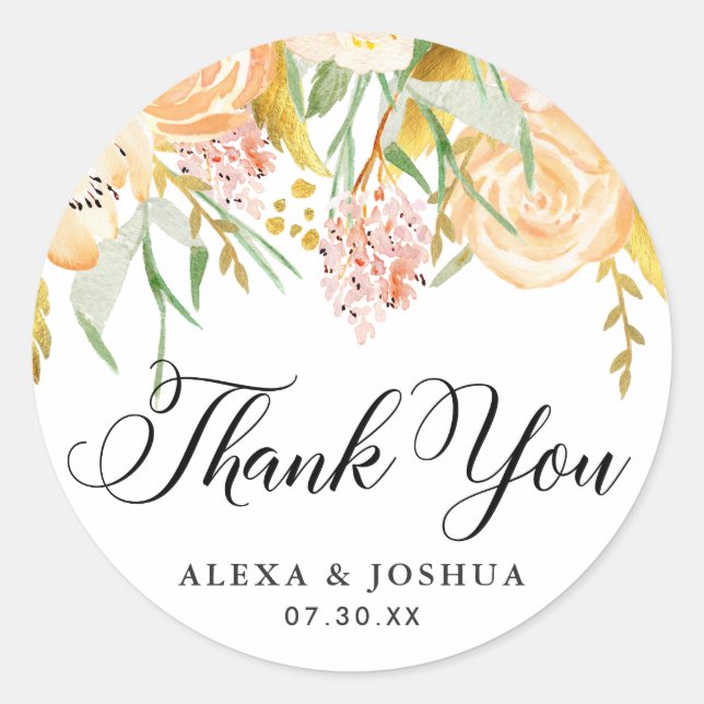 Sticker Rond Fleurs de Pêche Merci Mariage de Foliage d'huile o (Devant)