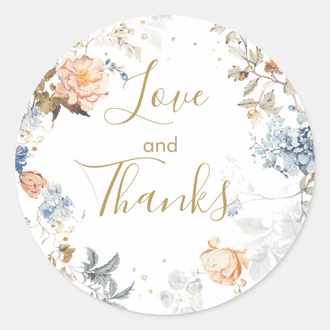 Sticker Rond Fleurs de pêche rose bleu Merci (Devant)