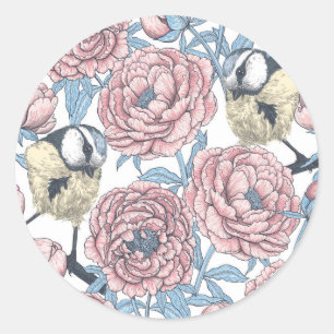 Sticker Rond Fleurs de pivoines et oiseaux