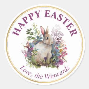 Sticker Rond Fleurs de printemps à l'aquarelle et lapin Joyeuse
