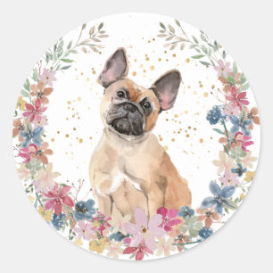 Sticker Rond Fleurs de printemps de Bulldog français Wreath