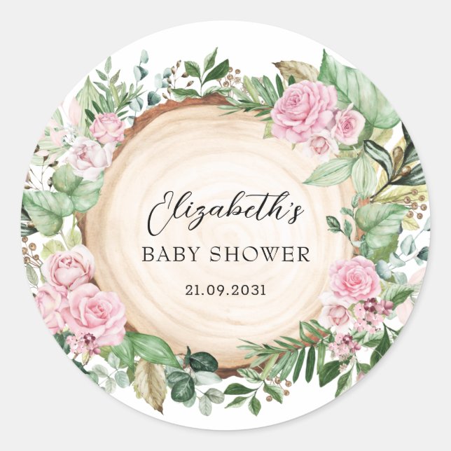 Sticker Rond Fleurs de roses roses rustiques Baby Shower fille (Devant)