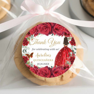 Sticker Rond Fleurs de roses rouges chic papillons Favori de pr