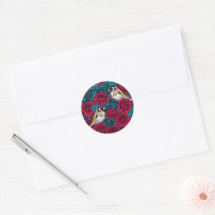 Sticker Rond Fleurs de roses rouges et oiseaux d'or