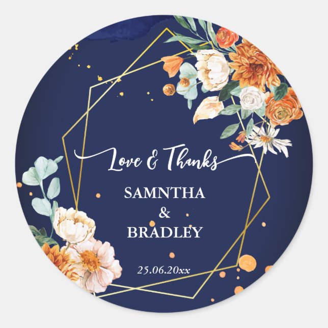 Sticker Rond Fleurs de sauge bleu orange bleu marine merci (Devant)