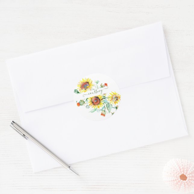 Sticker Rond Fleurs de soleil aquarelles personnalisées (Enveloppe)
