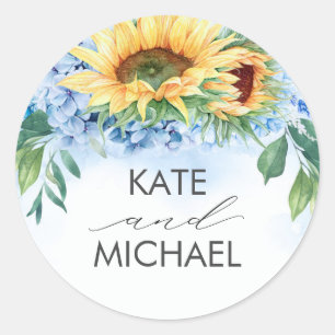 Sticker Rond Fleurs de soleil et Dusty Blue Hydrangea Floral Él