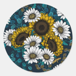 Sticker Rond Fleurs de soleil et marguerites, jardin d'été 2