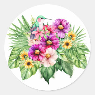 Sticker Rond Fleurs de soleil gaies et fleurs tropicales