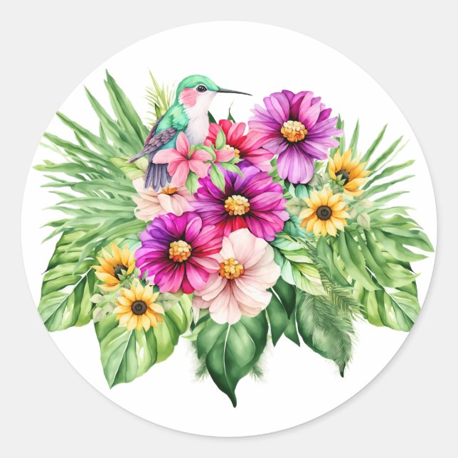 Sticker Rond Fleurs de soleil gaies et fleurs tropicales (Devant)