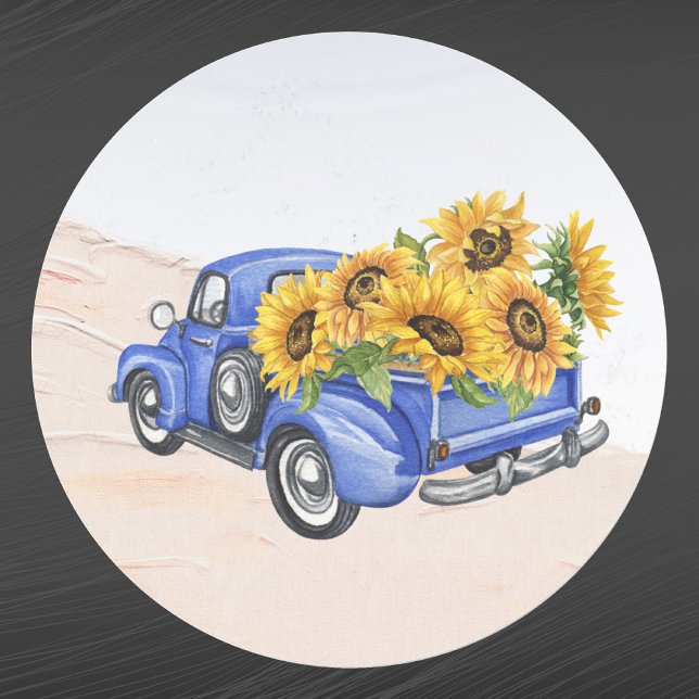 Sticker Rond Fleurs de soleil vintage Blue Truck (Créateur téléchargé)