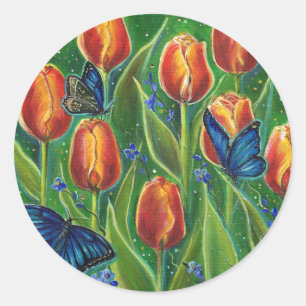 Sticker Rond Fleurs de tulipe aux papillons de Renée Lavoie