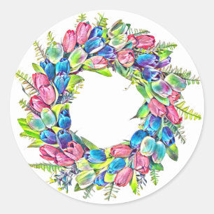 Sticker Rond fleurs de tulipe couronne aquarelle peinture art