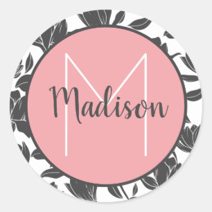 Sticker Rond Fleurs de tulipe florale Pastel rose Nom monogramm