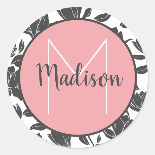 Sticker Rond Fleurs de tulipe florale Pastel rose Nom monogramm (Devant)