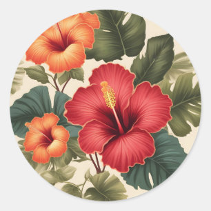 Sticker Rond Fleurs d'Hibiscus Tropiques Rétro