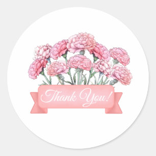 Sticker Rond Fleurs d'oeillet avec bannière Merci floral