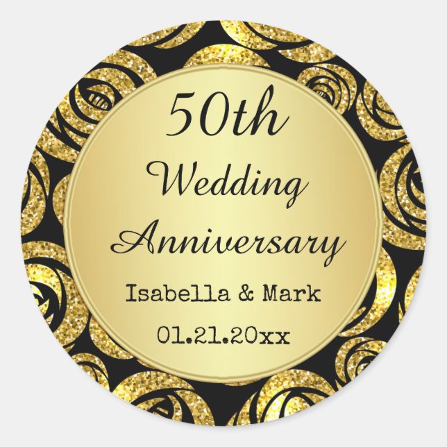 Sticker Rond Fleurs d'or sur le 50e anniversaire noir (Devant)