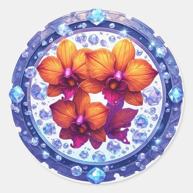 Sticker Rond Fleurs d'orchidées enchâssées dans des cristaux (Devant)