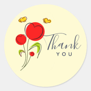 Sticker Rond Fleurs du Coeur Rouge mignonnes et papillons jaune