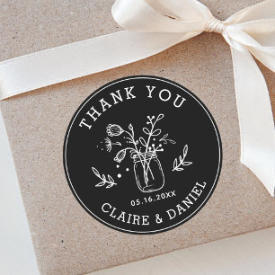 Sticker Rond Fleurs en Merci Mariage Mason noir et blanc