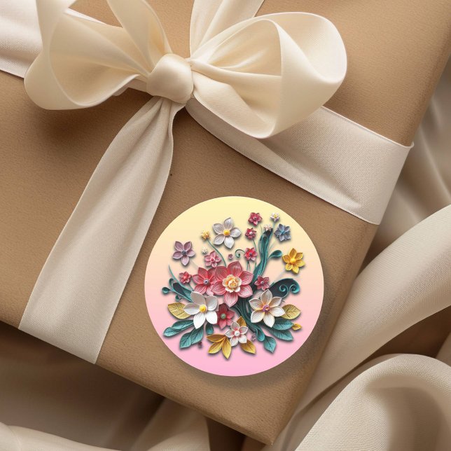 Sticker Rond Fleurs en papier enroulé | Fleurs roses et jaunes (Créateur téléchargé)