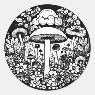 Sticker Rond Fleurs et champignons noirs et blancs Vintages