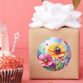Sticker Rond Fleurs et coccinelles