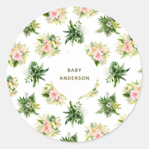 Sticker Rond Fleurs et feuilles tropicales Jungle Baby Shower